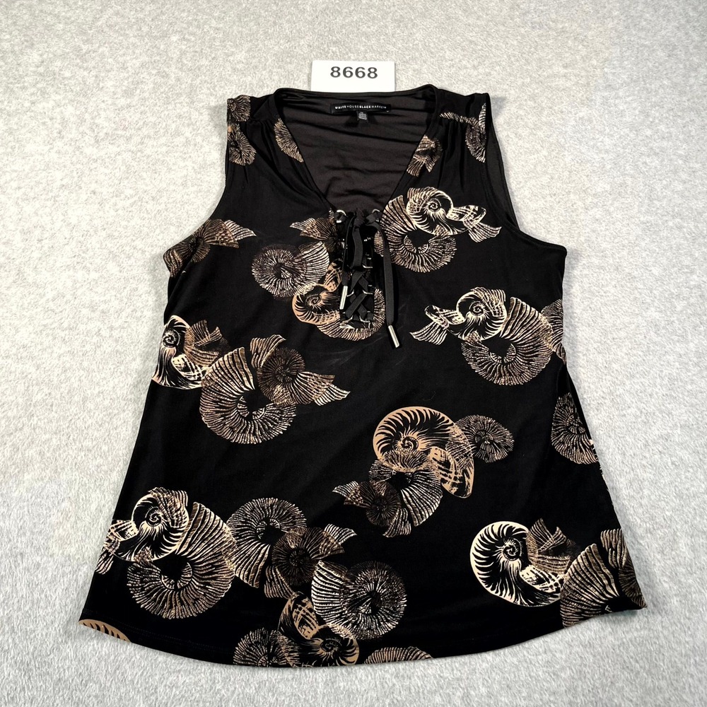 White House Black Market Blouse‎ Top Womens M Black Tan Shell Print Lace Up Neck